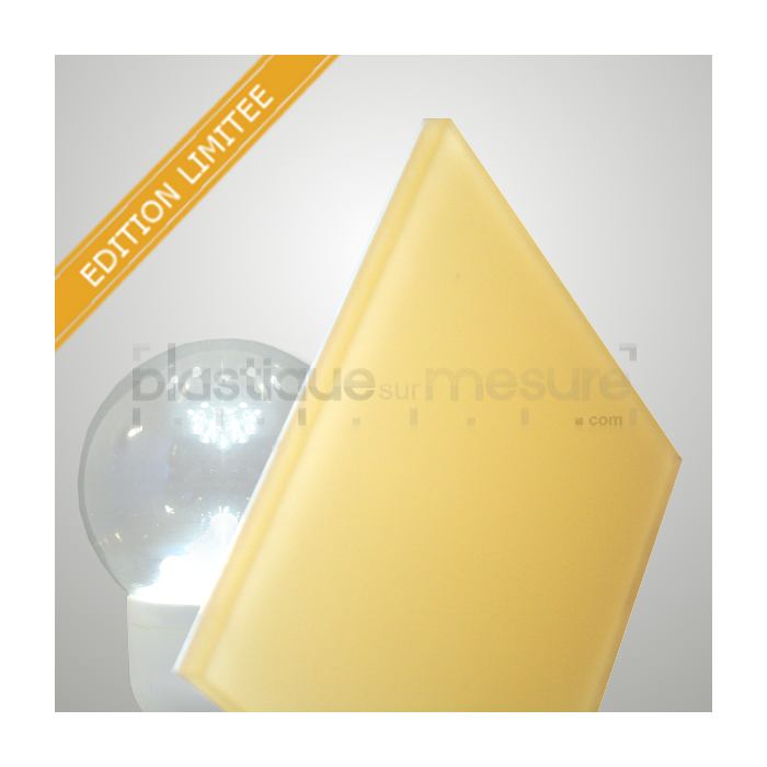 Plaque plexi PMMA Coulé-1 face blanche Opaque brillante / 1 face jaune diffusante satinée - 5mm face blanche